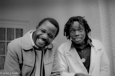 Dambudzo Marechera with writer Charles Mungoshi in the Msasa Bar of Hotel Norfolk, Fourth Street (now: Simon Muzenda Street), Central Harare.