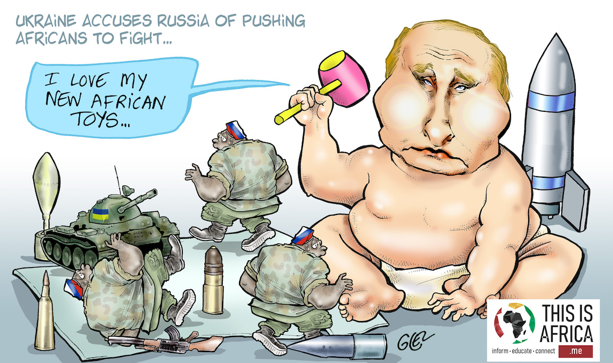 Cartoon of Russian President Vladimir Putin playing with African toy soldiers