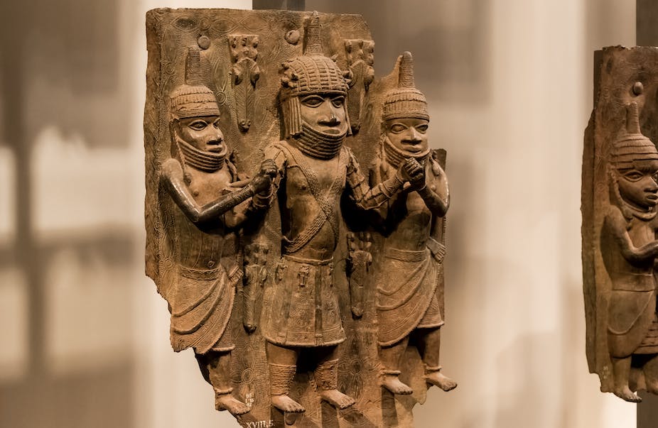 Benin bronzes displayed in museums as works of art.