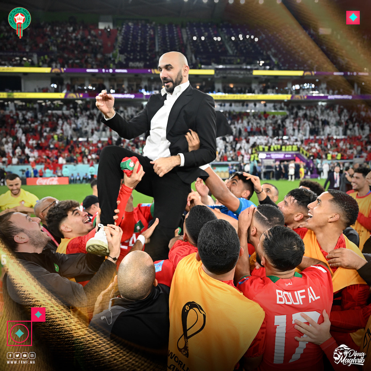 Morocco team celebrates after beating Portugal.