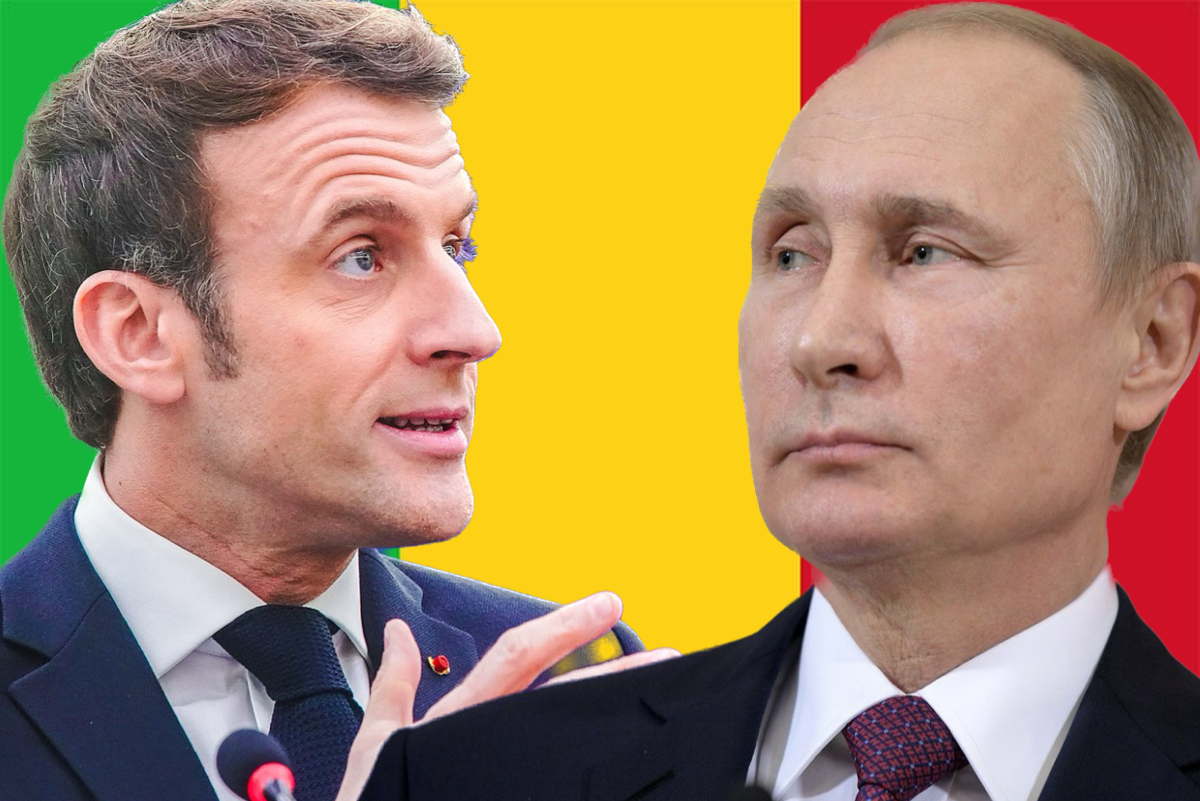 Vladimir Vladimirovich Putin Russian President and French President Emmanuel Macron with the Malian flag in the background.