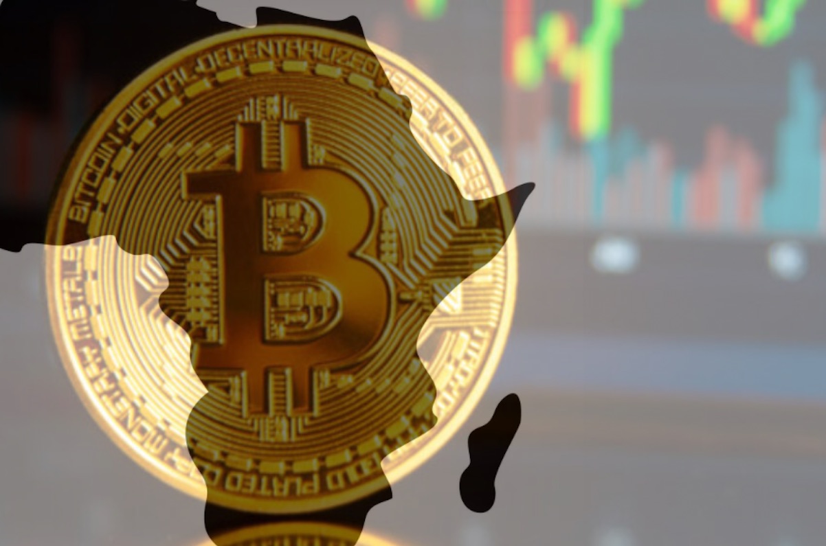 Map of Africa shadowed by bitcoin icon