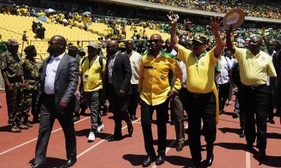 Supra Mahumapelo, former premier of North West Province, former president Jacob Zuma and current president Cyril Ramaphosa at an ANC celebration in 2016.
