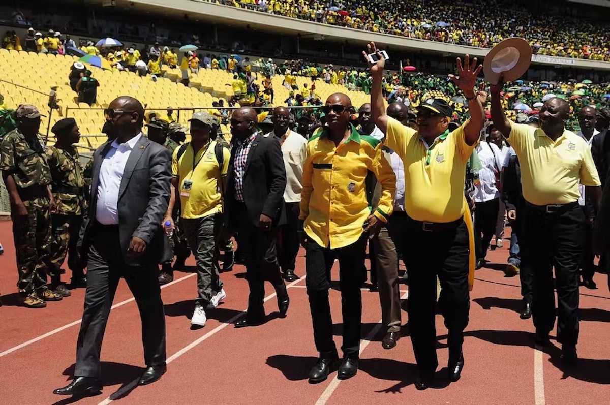 Supra Mahumapelo, former premier of North West Province, former president Jacob Zuma and current president Cyril Ramaphosa at an ANC celebration in 2016.