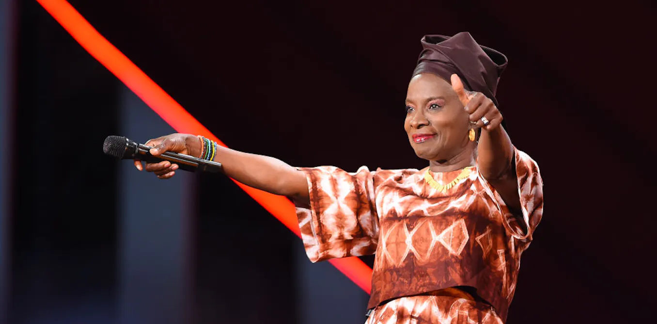 Angelique Kidjo on stage in Paris in 2021.
