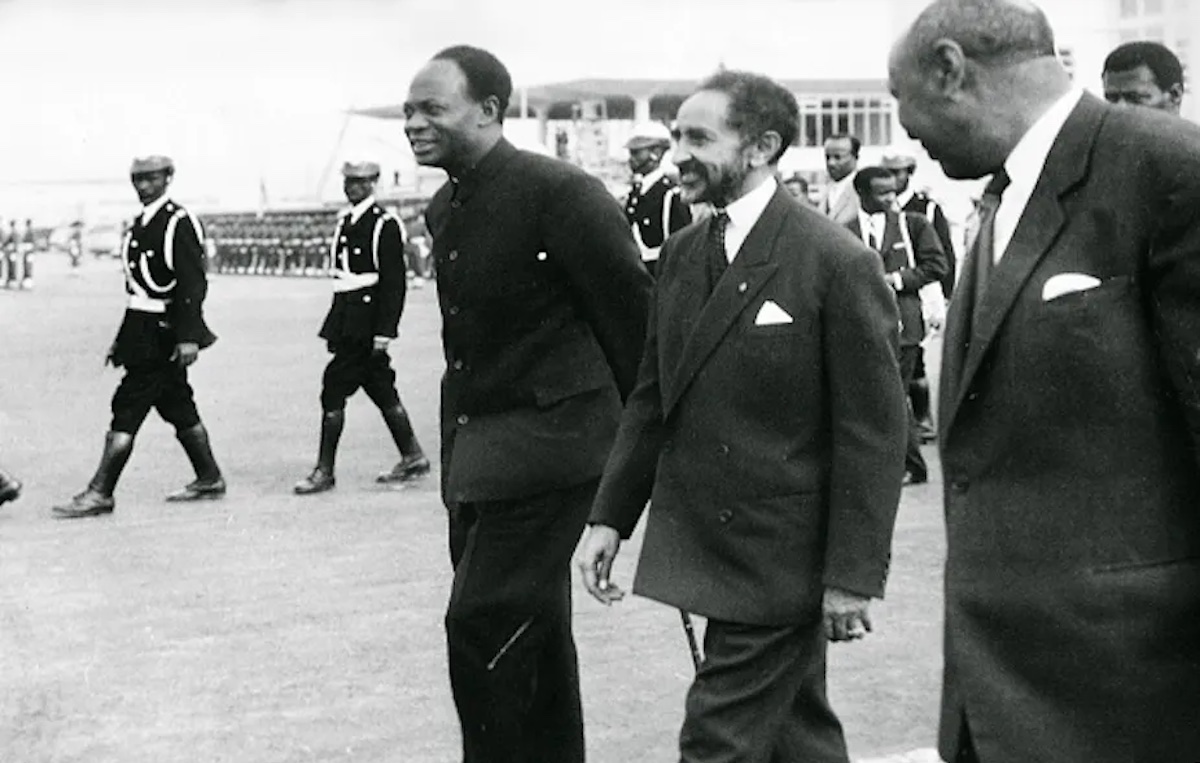 Ethiopian Emperor Haile Selassie, centre, and Ghana’s founder and first President Kwame Nkrumah, left, during the launch of the OAU in Addis Ababa.