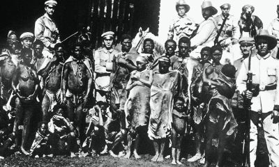 The results of a Bushman patrol: a postcard shows German soldiers posing with captured Indigenous people. Courtesy Robert J. Gordon