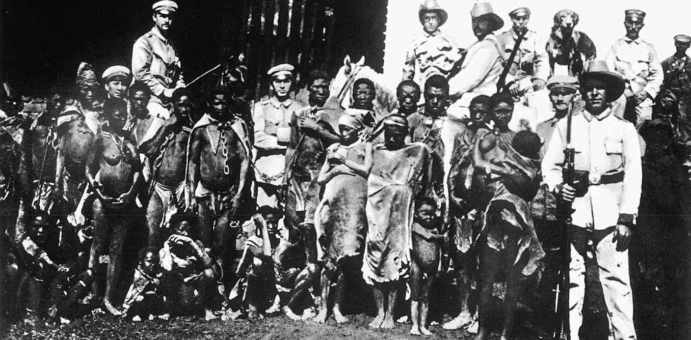The results of a Bushman patrol: a postcard shows German soldiers posing with captured Indigenous people. Courtesy Robert J. Gordon